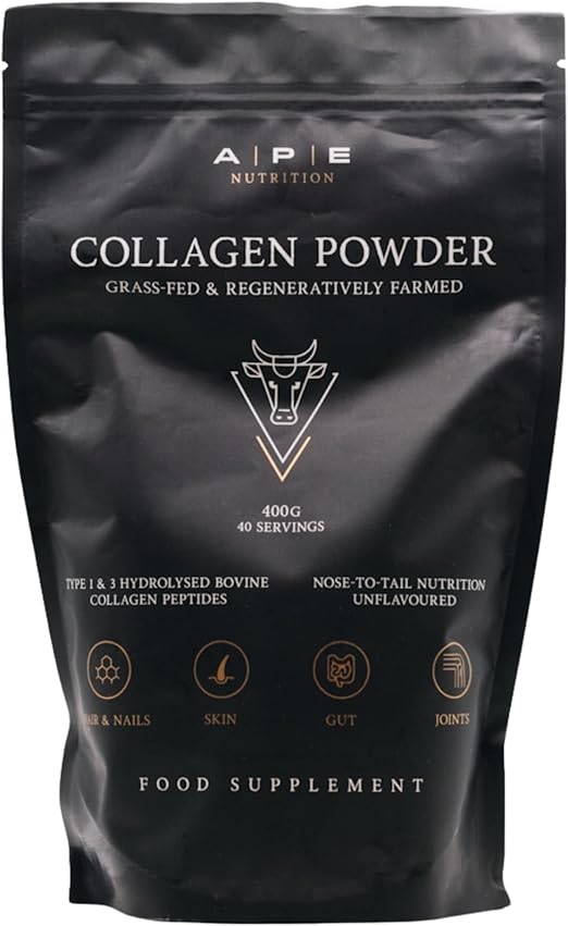 APE Nutrition Collagen Powder Peptides - Type 1 & 3 Bovine Collagen Protein, 100% Grass-Fed & Finished, Ancestral Supplement UK, Unflavoured, Improves Hair Skin & Nail Health