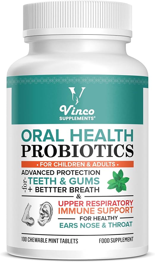 Vinco Advanced Oral Probiotics for Healthy Teeth, Gums, & Fresh Breath - Adults & Kids Immune Support for Ear, Sinus & Throat with BLIS K12 BLIS M18-100 Chewable Tablet - Fresh Mint - Made in The UK