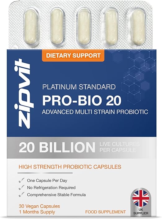 Zipvit Pro Bio 20 Billion CFU Probiotics for Gut Health, High Strength, 30 Vegan Probiotic Capsules for Men & Women, 3 Live Bacterial Cultures, Lactobacillus & Bifidobacterium Animalis