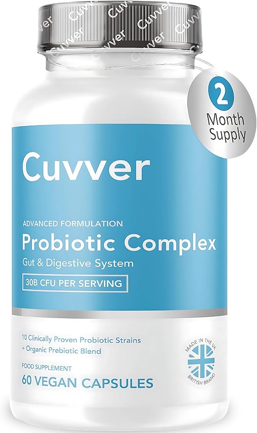 Cuvver Probiotics Complex - Gut Health & Bloating Relief – Organic Prebiotics - 30 Billion CFU - 10 Bacterial Cultures - Vegan Supplement for Men & Women - 60 Capsules - 2 Month Supply - Made in UK