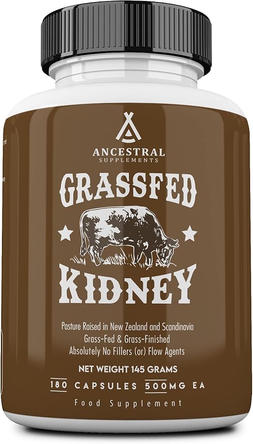 Ancestral Supplements Grass Fed Beef Kidney Supplement, 3000mg, DAO Enzyme Supplement, Kidney Support for Urinary and Histamine Health, Selenium, B12, Non-GMO, 180 Capsules