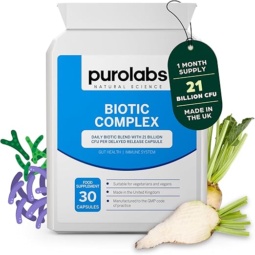 Purolabs Probiotic Complex for Gut Health | High Strength Probiotic for Men and Women | 21 Billion CFU with Prebiotic | 30 Vegan Capsules | Made in The UK