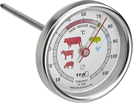 TFA Dostmann Analogue Roasting Thermometer, Stainless Steel, 14.1028, Ideal for Meat, Fish, Poultry, Meat Thermometer, Perfect Fried, Silver, Diameter 51 x L 117 mm