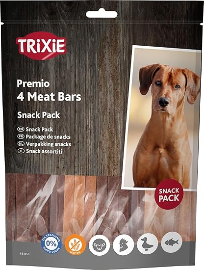 TRIXIE Premio 4 Meat Bars Snack Pack - Four Delicious Varieties: Chicken, Duck, Lamb and Salmon - Gluten Free - No Added Sugar - Meat Content 91% - 4 x 100 g - 31853