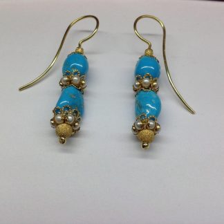 Yellow Gold Turquoise Pearl Earrings