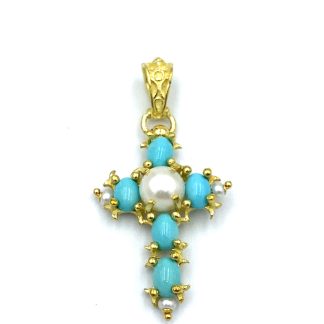 Turquoise and Pearl Cross Pendant
